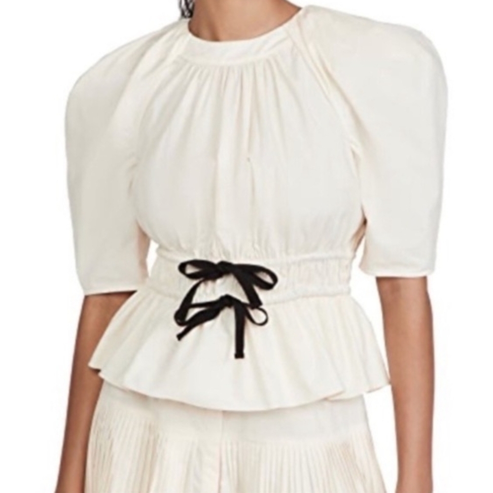 Ulla Johnson Cream Puff-Sleeve Peplum Top with Black Waist Tie